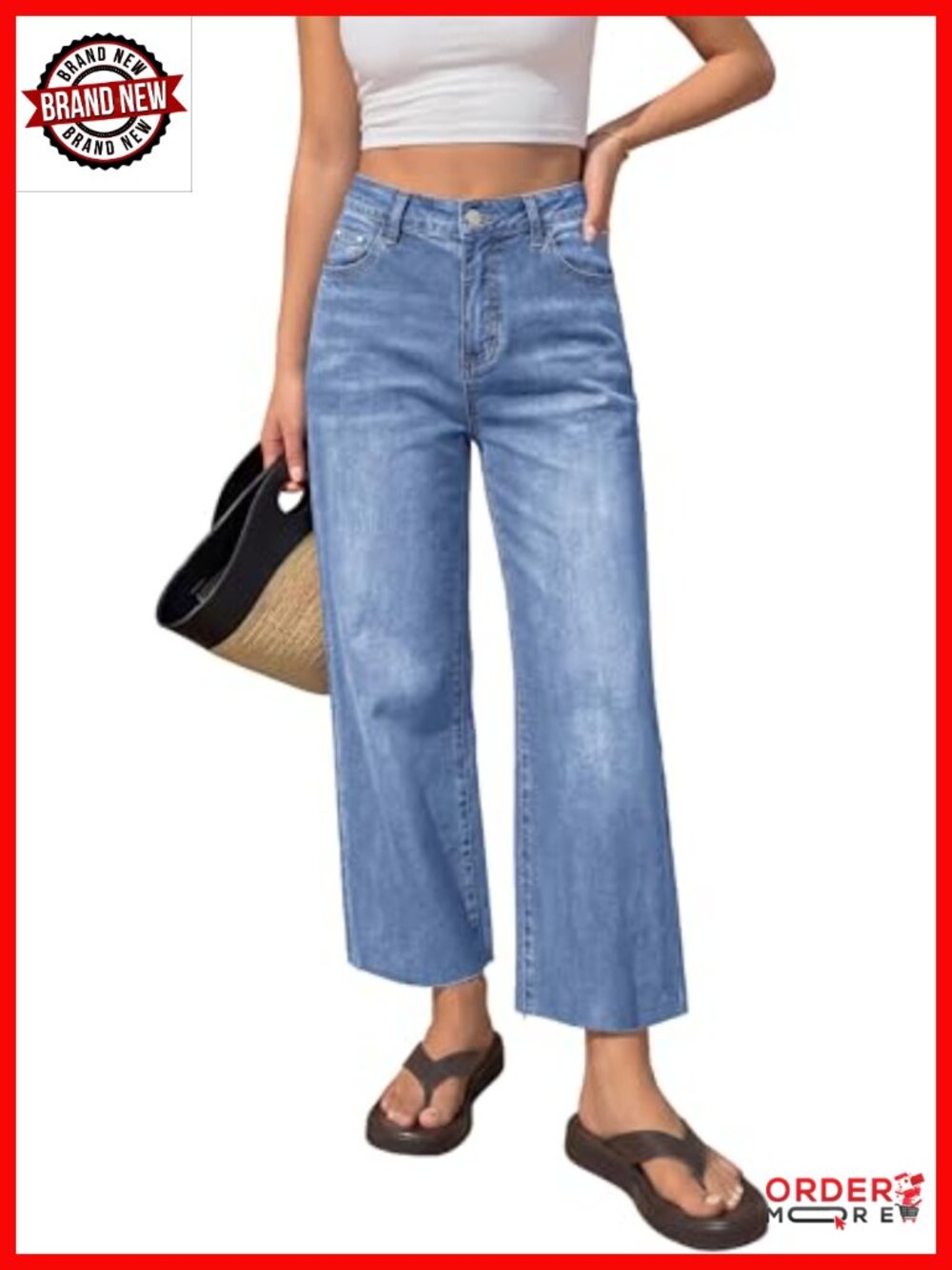 High Waisted Straight Leg Cropped Jeans with Raw Hem, Button Fly, Stretch Denim
